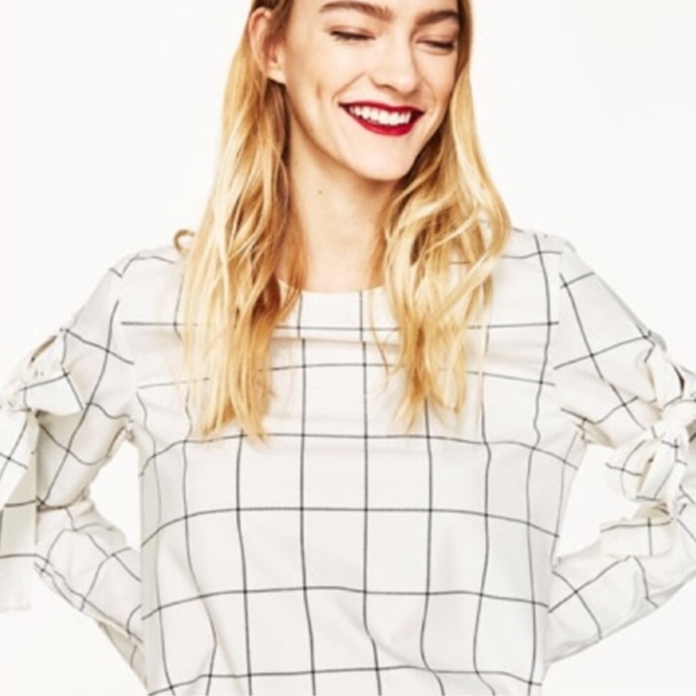ZARA | White Windowpane Plaid Long sleeve Small - Picture 6 of 7